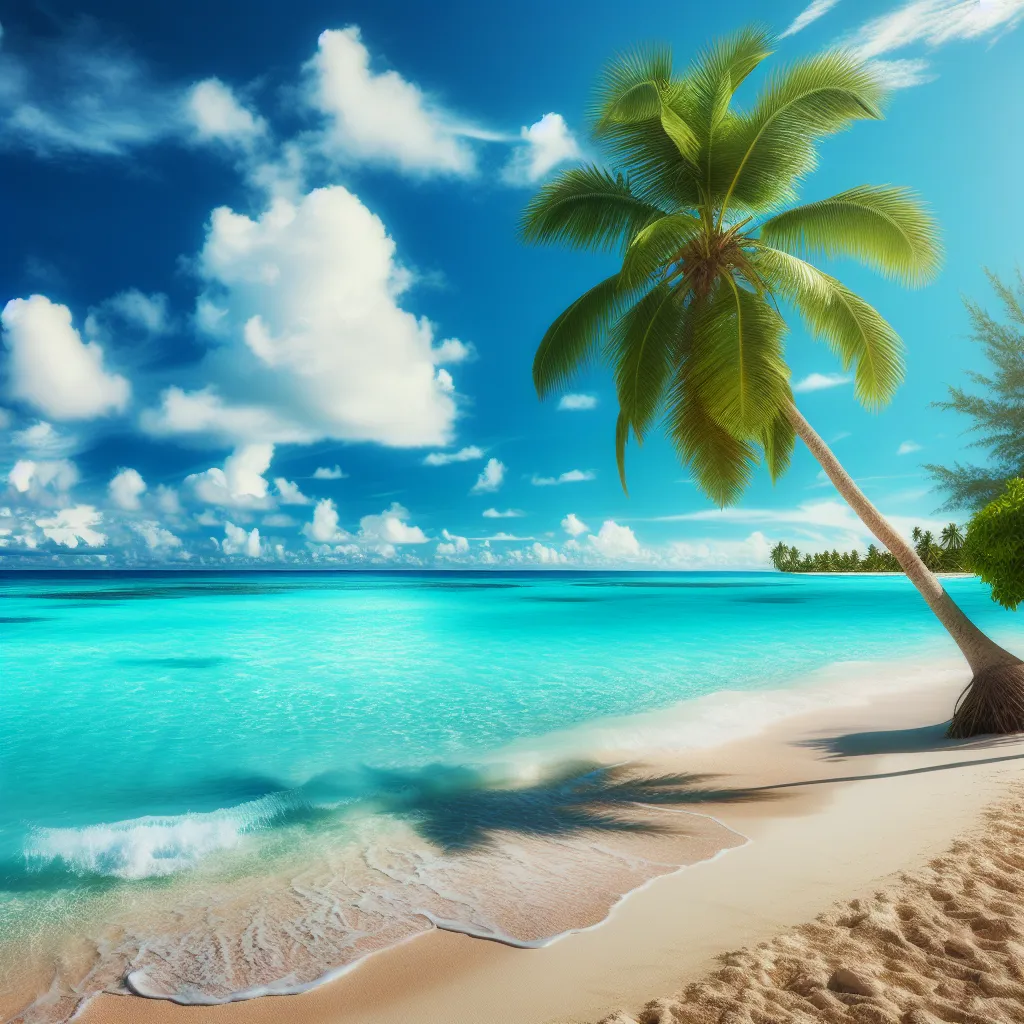 A serene beach scene with crystal-clear turquoise waters, powdery white sand, and a charming palm tree gently swaying in the tropical breeze.