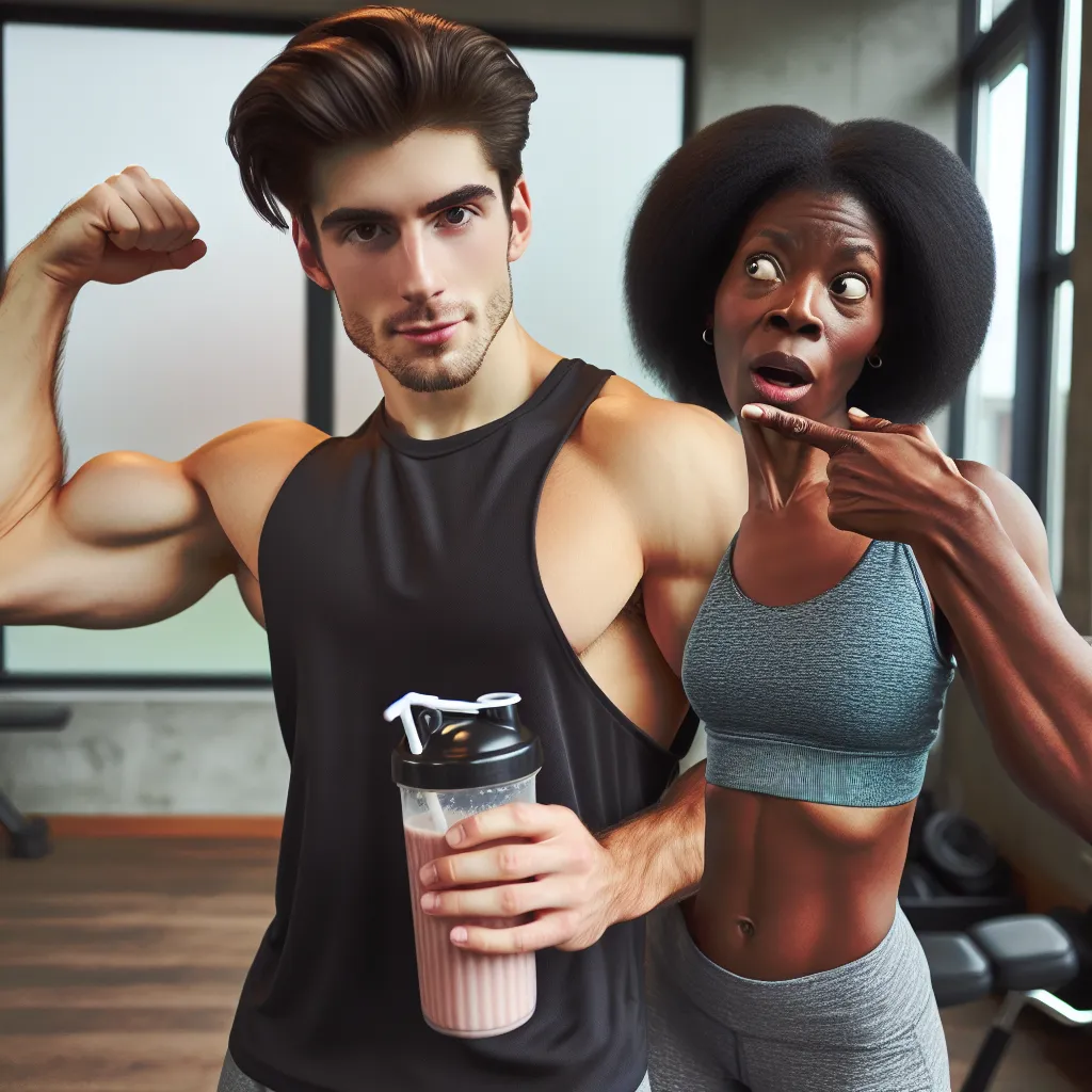 The image should depict a young man and a middle-aged woman standing side by side, with the young man in front and the woman slightly behind him. They should both be wearing workout clothes and holding protein shakes. The young man should have a confident and playful expression, flexing his biceps and blowing a kiss towards the woman. The woman should have a surprised but amused expression, looking at the young man with raised eyebrows. The background should show a fitness studio or gym setting.