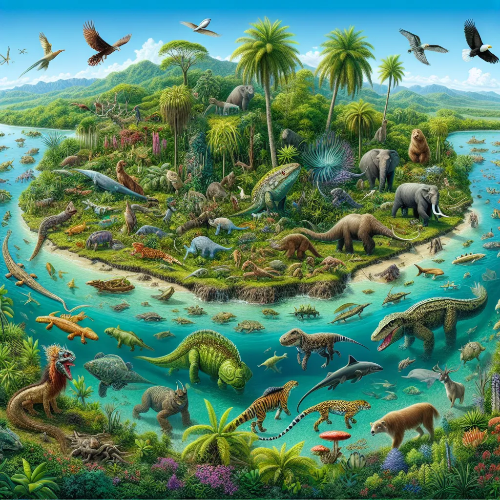 The image that will accompany this story will depict a lush and vibrant tropical island landscape, complete with freshwater bodies, coastal areas, and dense vegetation. The island will be populated with a diverse array of animal species from different epochs, including the coelacanth, axolotl, gars, komodo dragon, drepanosaurus, bearded lizard, stegosaurus, amargasaurus, archaeopteryx, passenger pigeon, tasmanian tiger, woolly mammoth, aye-aye, platybelodon, smilodon, dire wolf, megalodon, aardv