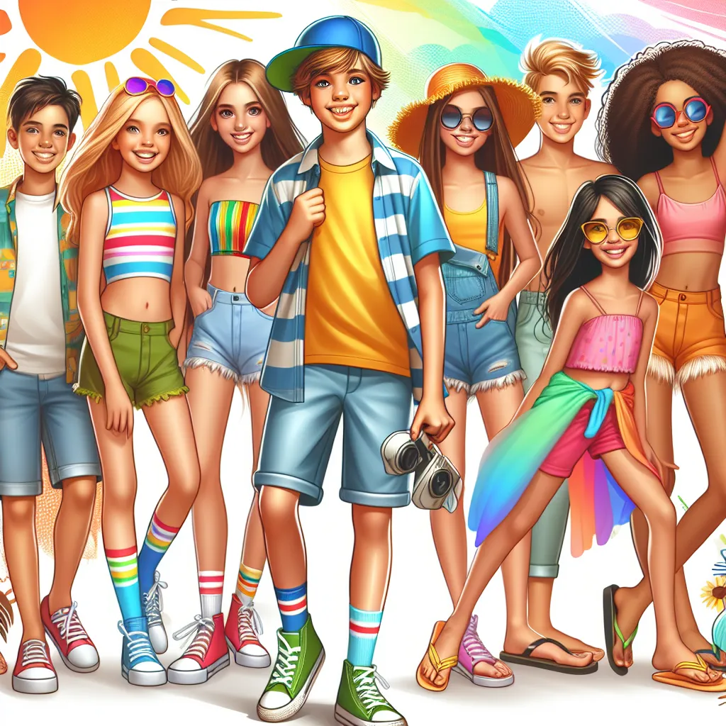 A colorful and vibrant summer scene with an energetic eight-year-old boy named Tommy standing beside his older cousin, Hannah, who is surrounded by her group of friends. They are all dressed in tank tops, short shorts, and flip flops, ready for an adventure.