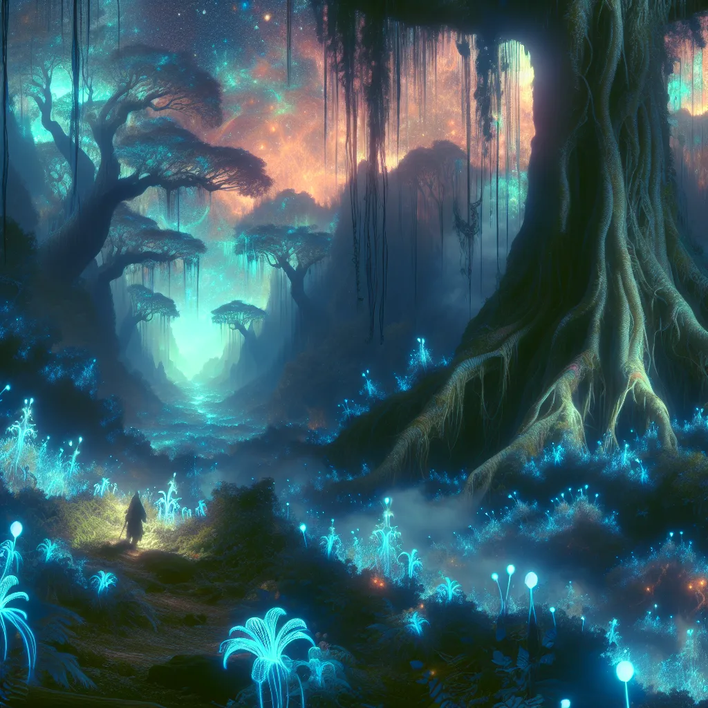 Description: A mystical forest bathed in otherworldly hues, featuring towering ancient trees, luminescent flora, and ethereal creatures, sets the stage for an adventurer's journey into a forbidden realm shrouded in enchantment and mystery.