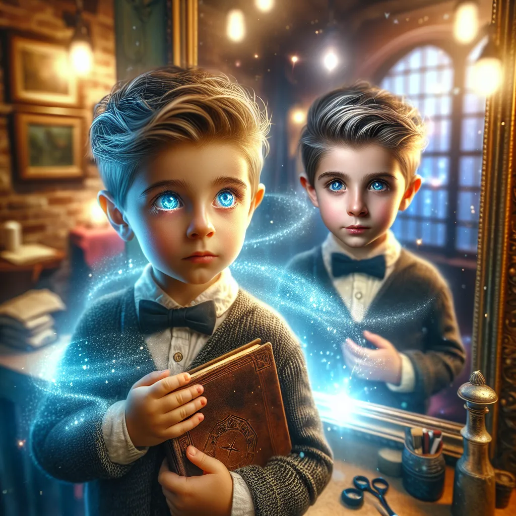 A sweet story about a boy's first haircut turns magical when a strange swap occurs at the salon, leaving Tommy trapped in a different body. With determination and a spell book, he fights to reclaim his identity and return to his loving family. The image will depict a young boy named Tommy, sparkling blue eyes filled with determination, holding a spell book in one hand while gazing confidently in a mirror, his image reflected as both himself and the adult he was briefly trapped as.
