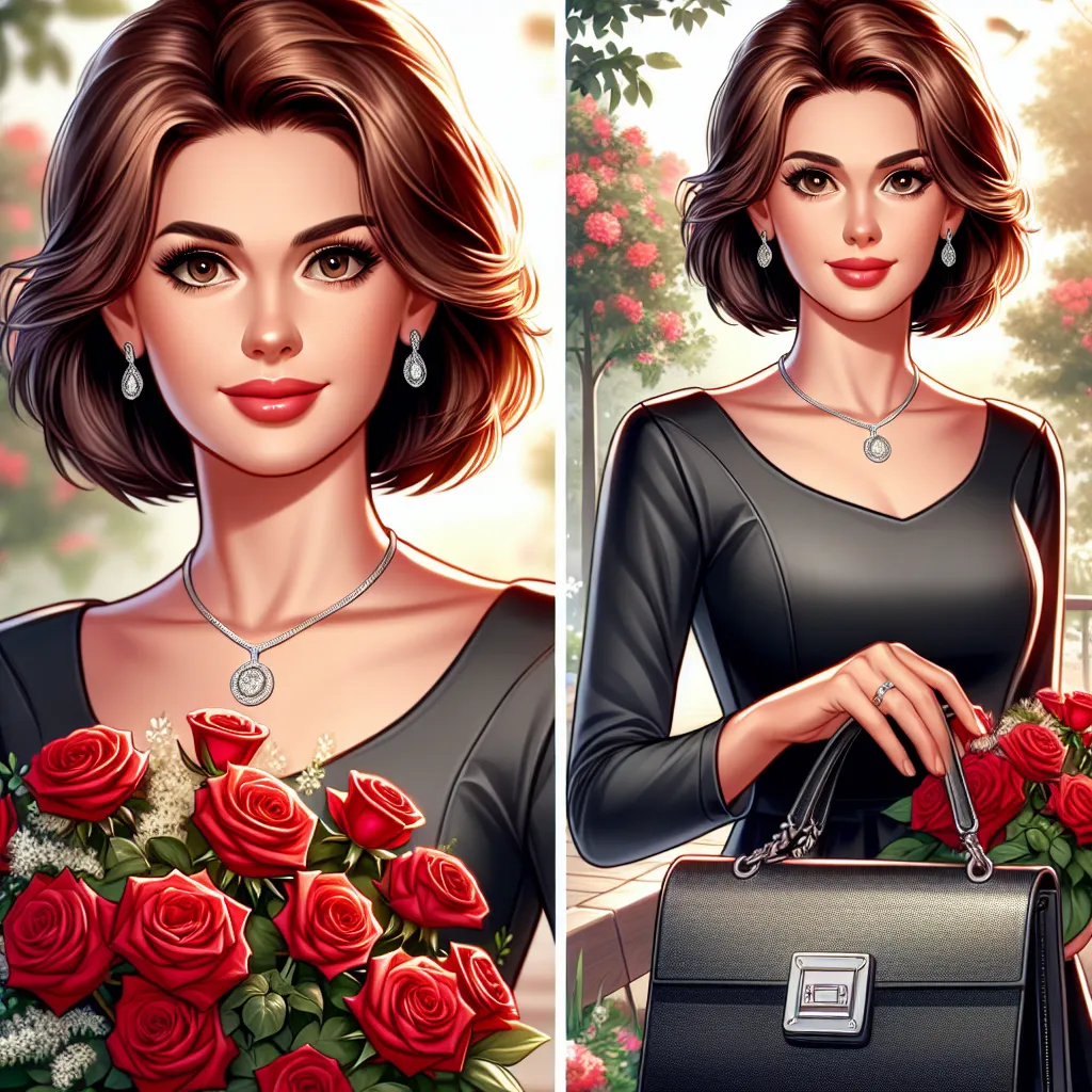 An image depicting a middle-aged woman with chestnut brown hair, hazel eyes, and an elegant, poised demeanor. She is wearing a little black dress and accessorized with a silver necklace and diamond earrings. In one hand, she holds a bouquet of red roses, and in the other, she carries a stylish black leather purse with silver accents. The background shows a serene garden with blooming flowers, symbolizing love, warmth, and belonging.