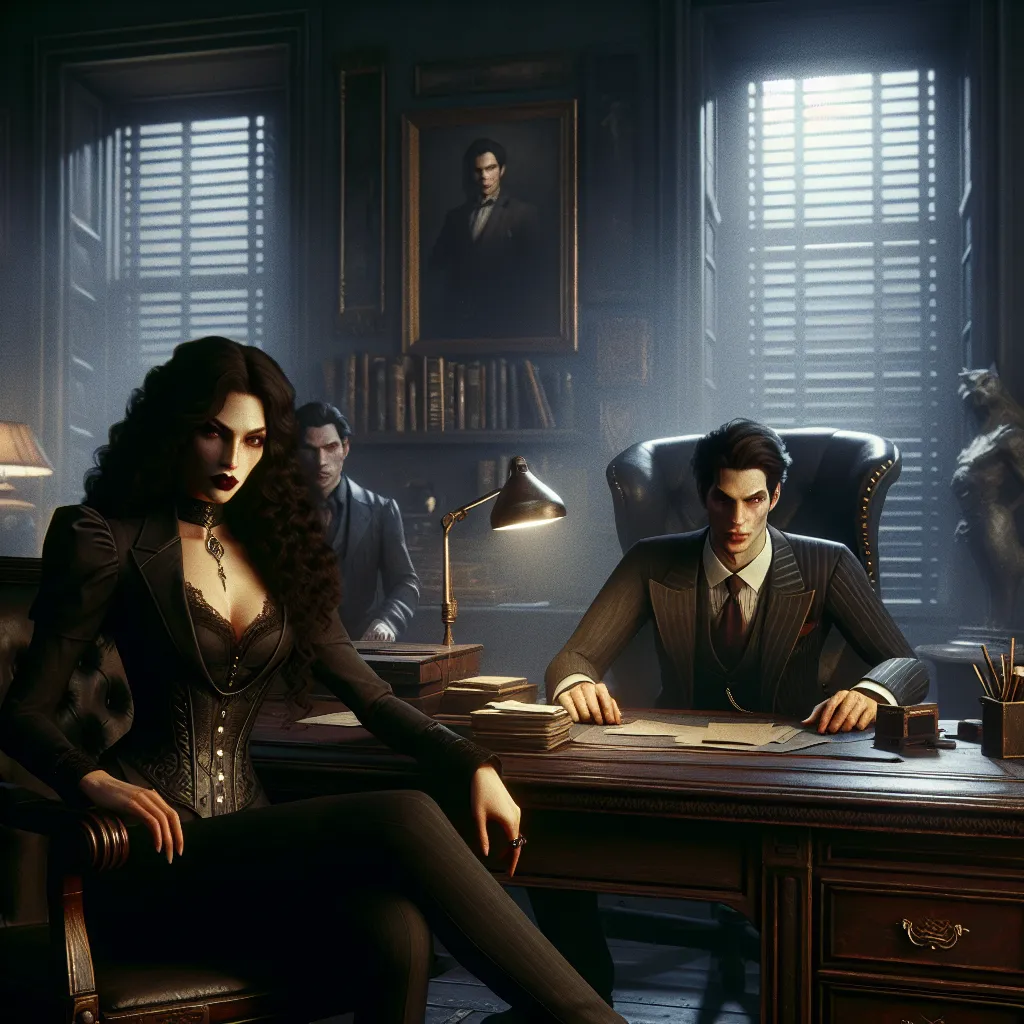 In a dimly lit office in the heart of the city, Zelina, a club owner with a reputation for knowing secrets, sits across from a mysterious vampire visitor seeking information about a lost family member. As they exchange words in the hazy glow of the room, Zelina delves into her memories of the eclectic characters that have passed through her club, searching for a connection to this enigmatic vampire. The scene is filled with intrigue and the subtle tension of hidden truths waiting to be revealed.