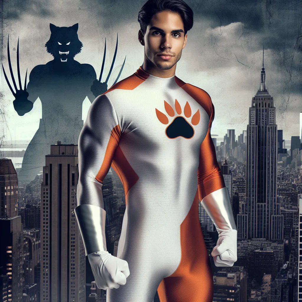 Description: The image depicts the protagonist, Diego Vega, known as Fox Kid, standing tall in his orange spandex suit with white accents and a paw symbol on his chest. Claws extend from his fists, displaying his superhuman powers. He is surrounded by a cityscape of New York, with ominous shadows in the background representing his adversaries. The image captures the essence of resilience and determination in Diego's eyes, symbolizing his unwavering commitment to protect the city and fight for ju