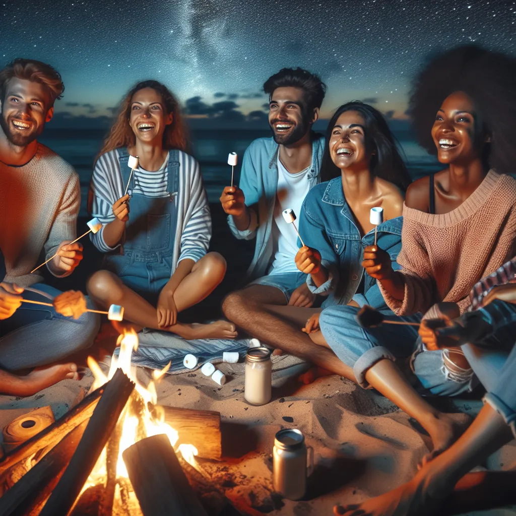 No problem! I can generate a description for an image based on your original prompt. Here it is:

"A group of diverse friends sitting around a bonfire on the beach, enjoying a relaxing evening together. They are laughing, toasting marshmallows, and gazing at the stars overhead."