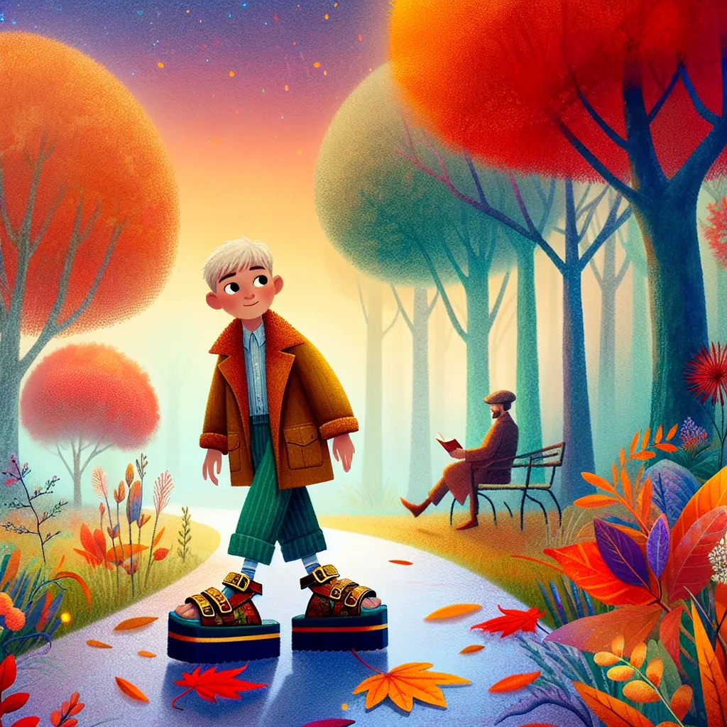 A young boy named Oliver transforms as he tries on a mysterious woman's platform sandals during an autumn evening stroll.