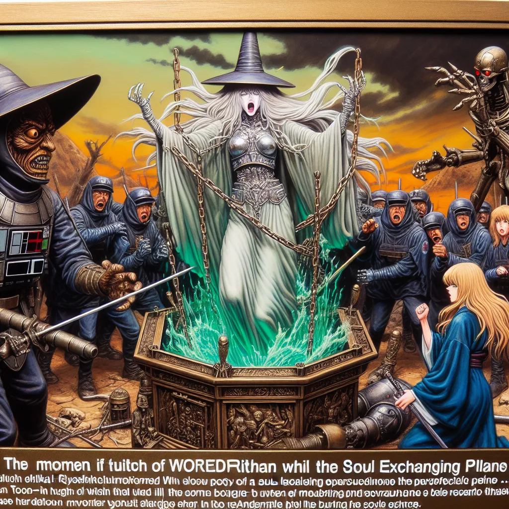Description: 

A dramatic image showcasing the struggle and sacrifice of Yoshika, a legendary Witch whose life was tragically lost in a treacherous plot. The image captures the moment of the soul swap, with Yoshika (in Trevor Maloney's body) trapped in the Soul Exchanger, fighting against the overwhelming power of the device. In the background, members of the 501st Joint Fighter Wing, Yoshika's comrades, watch in horror and confusion. The image conveys the themes of betrayal, identity, and the u