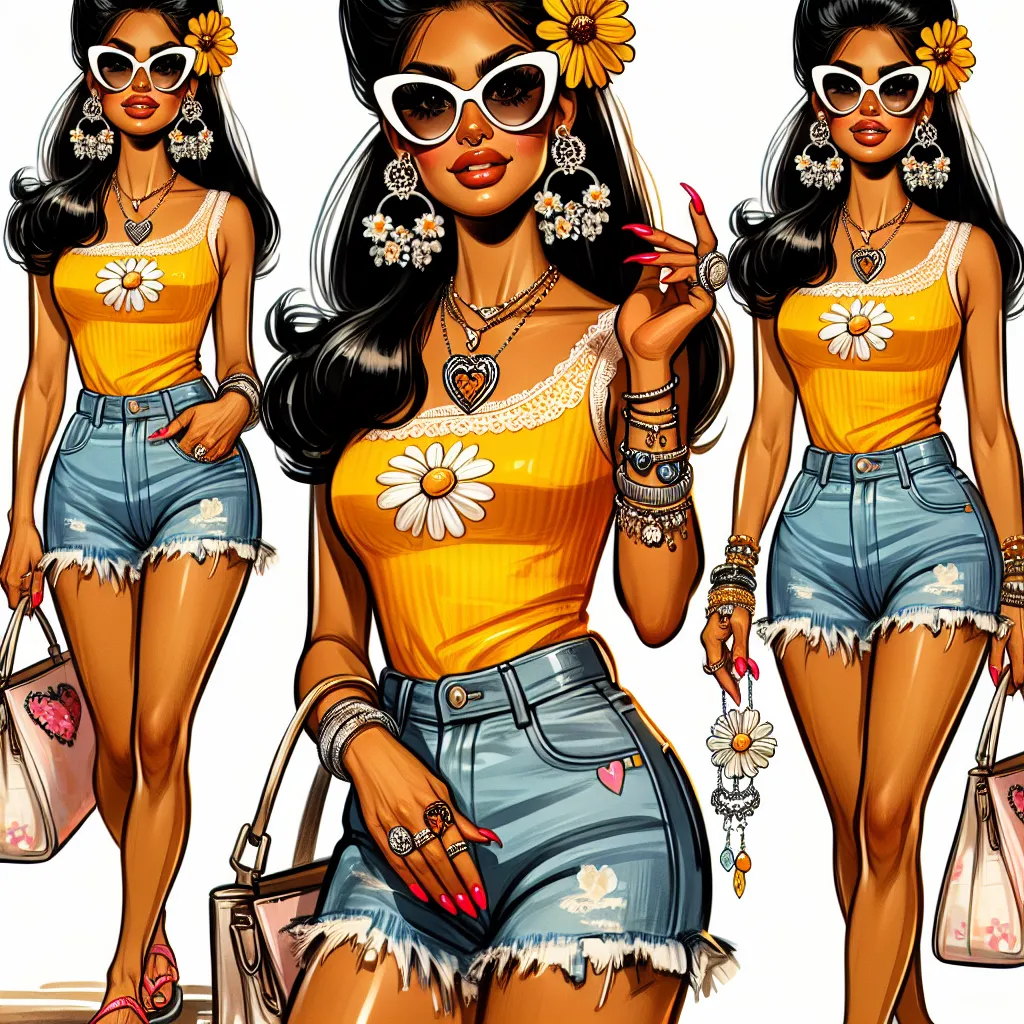 A colorful illustration featuring Maria, a confident and stylish Mexican woman in her late 50s, wearing a bright yellow tank top with white daisy patterns, frayed denim shorts, and feminine pink flip flops. She is also wearing large white sunglasses with a vintage cat-eye shape. Maria's long black hair is styled in a traditional bun, and she is adorned with jewelry including large hoop earrings, a gold necklace with a heart pendant, a silver bracelet with charms, wedding and other rings, and ank