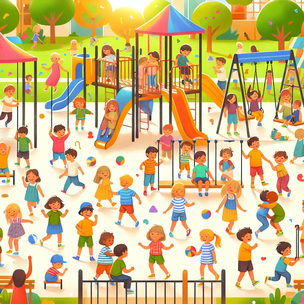 A bright and cheerful playground scene with children of various ages playing together and enjoying themselves.