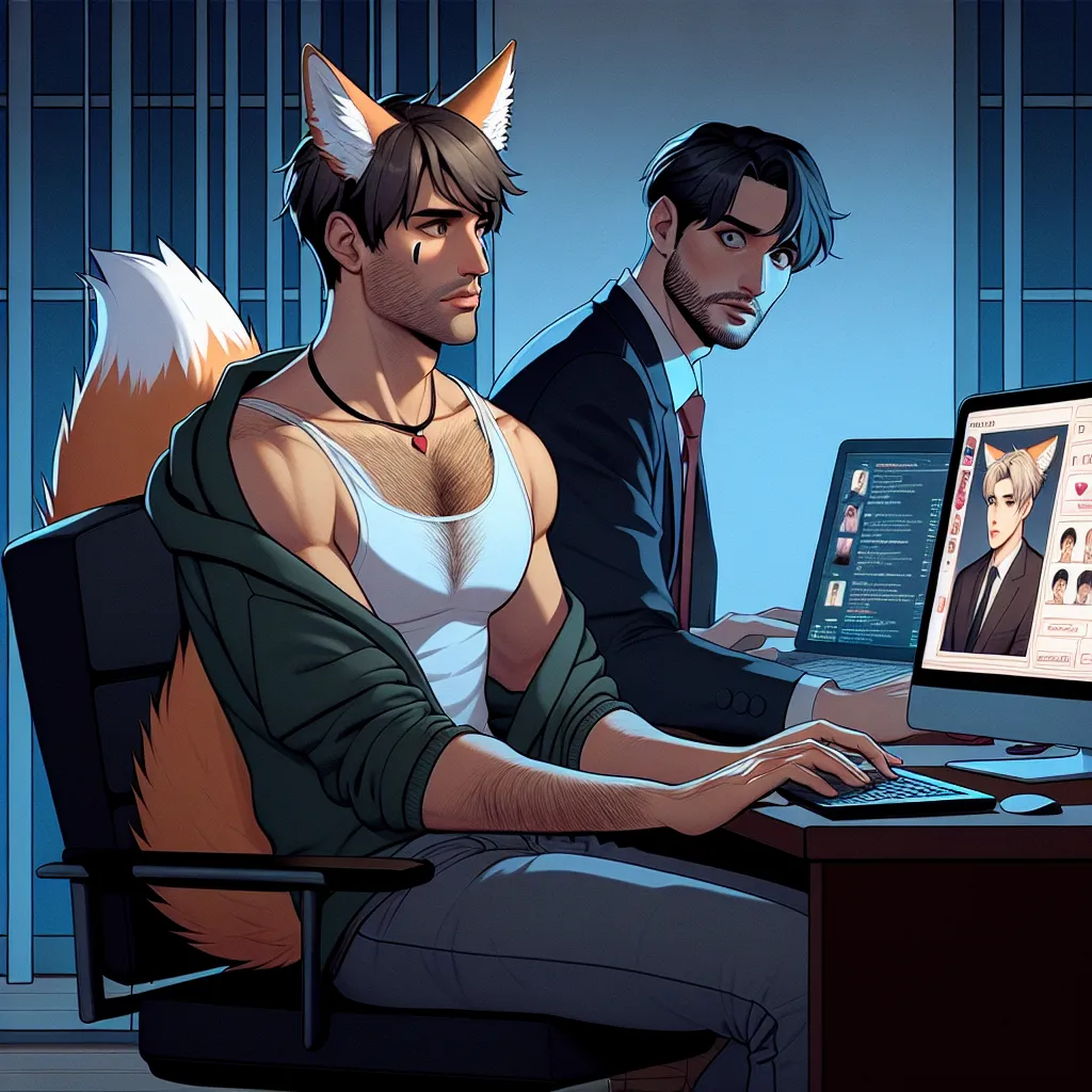 The image will be a digital artwork depicting two men in a dimly lit room. One man, named Bill, is sitting at a desk hunched over a computer, engrossed in a virtual dating simulator. He has fox ears and a cat tail, mirroring the character in the game he is creating. The other man, named Tom, stands beside him, wearing a shocked and bewildered expression as he observes Bill's transformation. The image captures a moment of tension and curiosity between the two characters, hinting at the unexpected