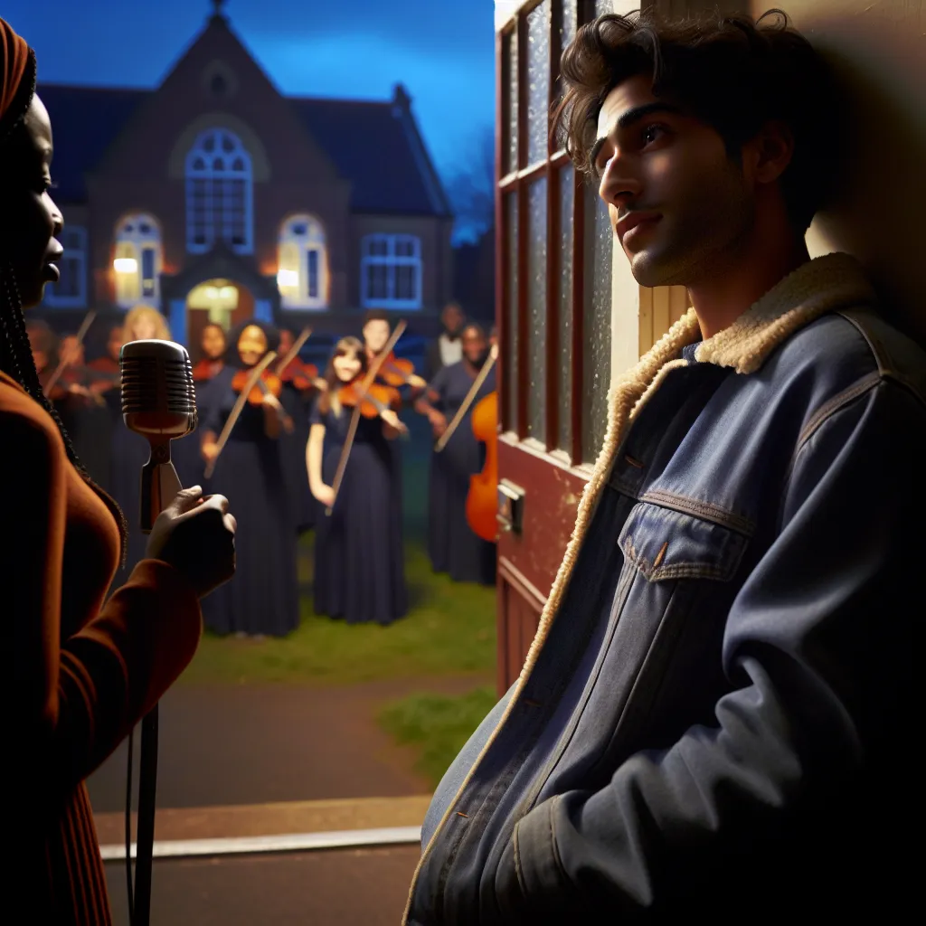 A young man leans against the doorway of a community hall, captivated by the melodic voice of a woman leading a troupe of performers. As their eyes meet, a connection is sparked, leading to an invitation to stay and watch the rehearsal. The image depicts the young man, Armin, gazing at the woman, Edna, with a sense of awe and admiration. The scene is set in the twilight, with the community hall illuminated and alive with the energy of preparation.