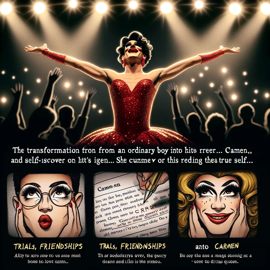 A drag queen, with a look of triumph on her face, stands on stage under bright lights. The image captures the transformation and acceptance of a boy who becomes Carmen, a confident and powerful drag queen. The story portrays the hardships, friendships, and self-discovery that Carmen experiences throughout her journey, ultimately inspiring others with her resilience and the ability to embrace one's true self.
