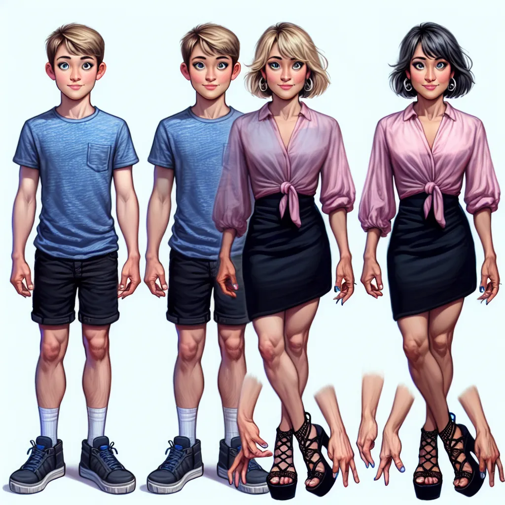 A live action style picture that looks real of the little white boy described in the story wearing black shorts and a blue t shirt with short sleeves and have him have blonde hair and blue eyes and have him have two hands with five fingers on each and feet with five toes on each foot standing in a pair of platform sandals and have that be the left image with a line in the middle of the image and have the image on the right be of the boy transformed into a Korean woman whose older with short blac