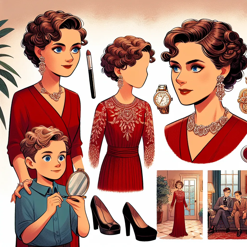 A middle-aged woman named Clara, with short curly brown hair and blue eyes, is getting ready for her birthday dinner. She is wearing an elegant red dress with a deep V-neckline and a high slit up her left leg. Clara completes her look with a pair of sleek black platform sandals, 7 pieces of jewelry, and her makeup done in a polished, mature style. As Clara prepares to leave, her six-year-old son Tim hears a commotion downstairs and rushes into his mother's room. In a panic, Tim accidentally trip
