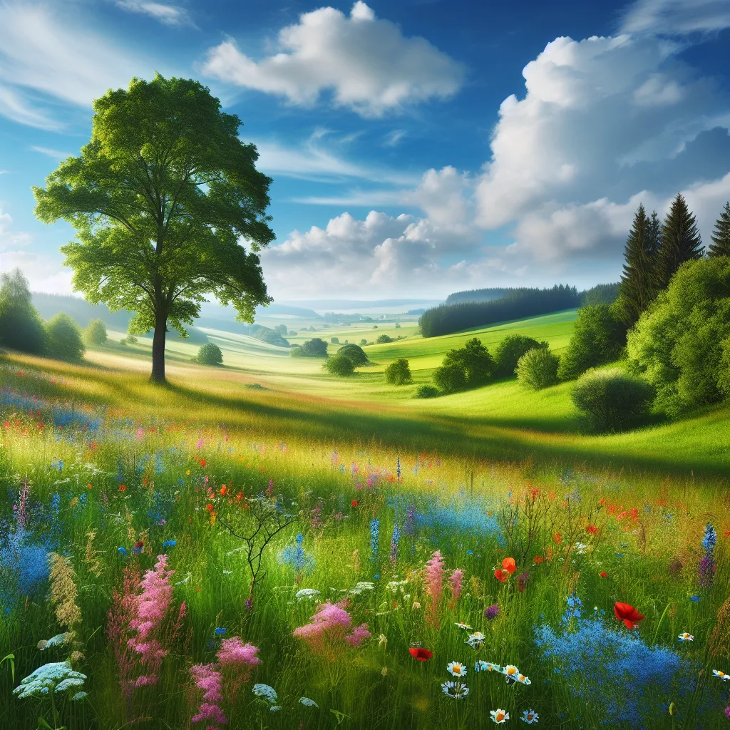 A serene landscape of a lush, green meadow with colorful wildflowers and a bright blue sky overhead.