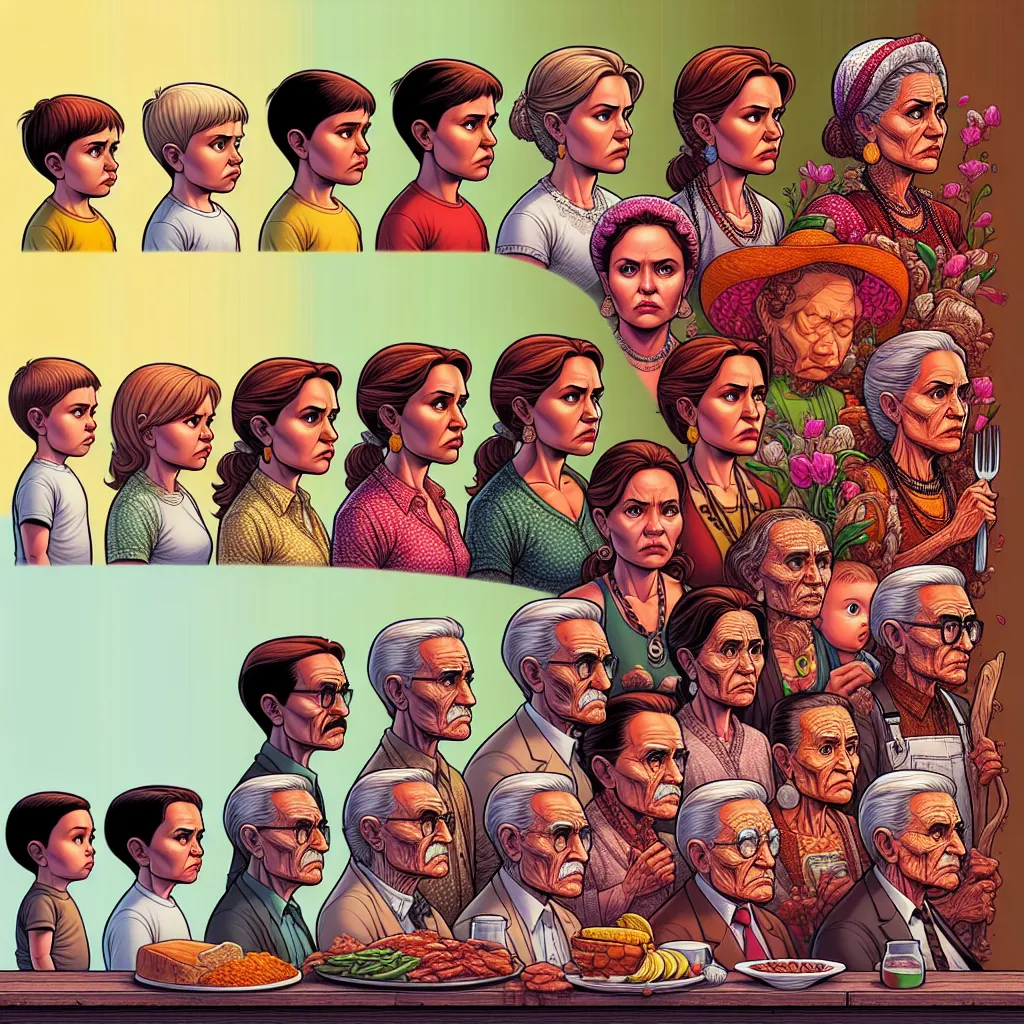 A detailed and comprehensive story unfolding in 208 interconnected sentences, focusing on the transformation of young Oliver into the proud matriarch, Yolanda. The evolving narrative captures the intricate development of Yolanda's appearance and personality as she navigates through various memories and interactions with her family. From Oliver's curiosity in Mateo's home to his complete transformation into Yolanda — a Mexican woman full of life and confidence — the story immerses readers in a vi