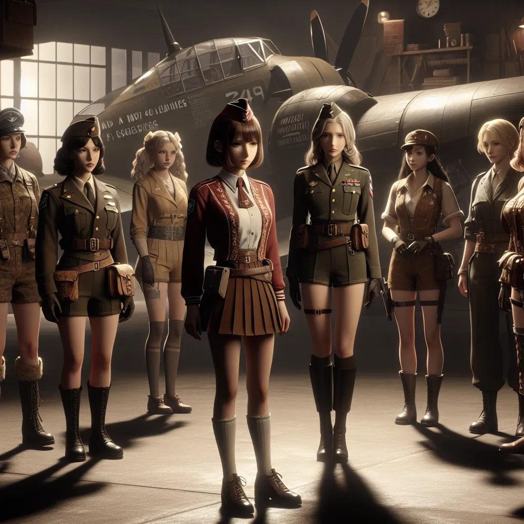 A conflicted middle-aged man’s consciousness inhabits the youthful, petite body of a teenage witch girl with short brown hair and a modest figure, wearing a vintage military-style uniform and magical gear. He stands hesitantly among confident young female warriors with diverse appearances, including a tall blonde with large breasts. The setting is a wartime airbase blending 1940s and fantasy elements, under dim, moody lighting that reflects internal struggle and identity tension.