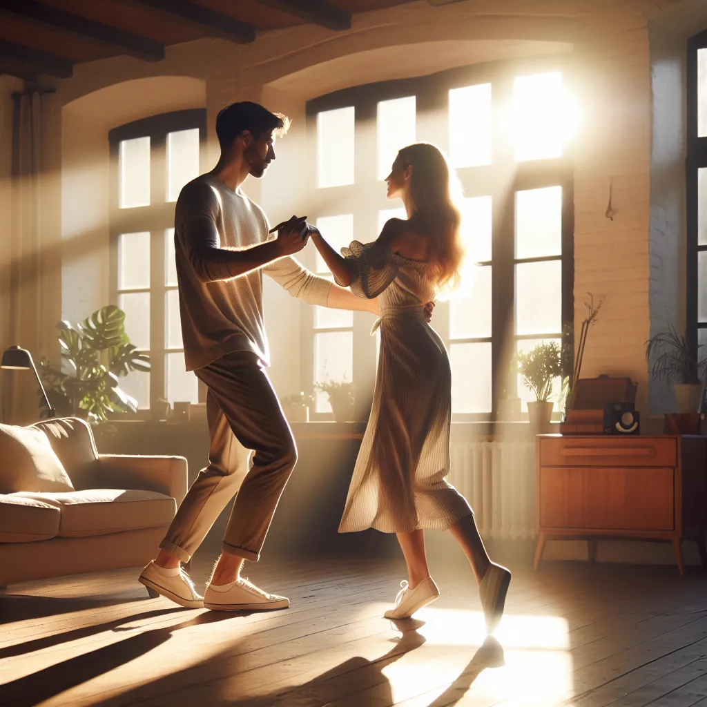 A couple's intimate and tender dance of discovery and desire in a sunlit living room, captured in a moment of sensual connection and vulnerability.