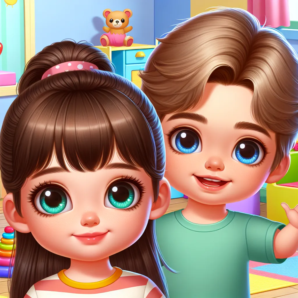 An image featuring a 5-year-old boy named Charlie and his female friend Isabella. Charlie has light brown hair and bright blue eyes, while Isabella has dark brown hair and deep chocolate brown eyes. They are playing together in a colorful room filled with toys.