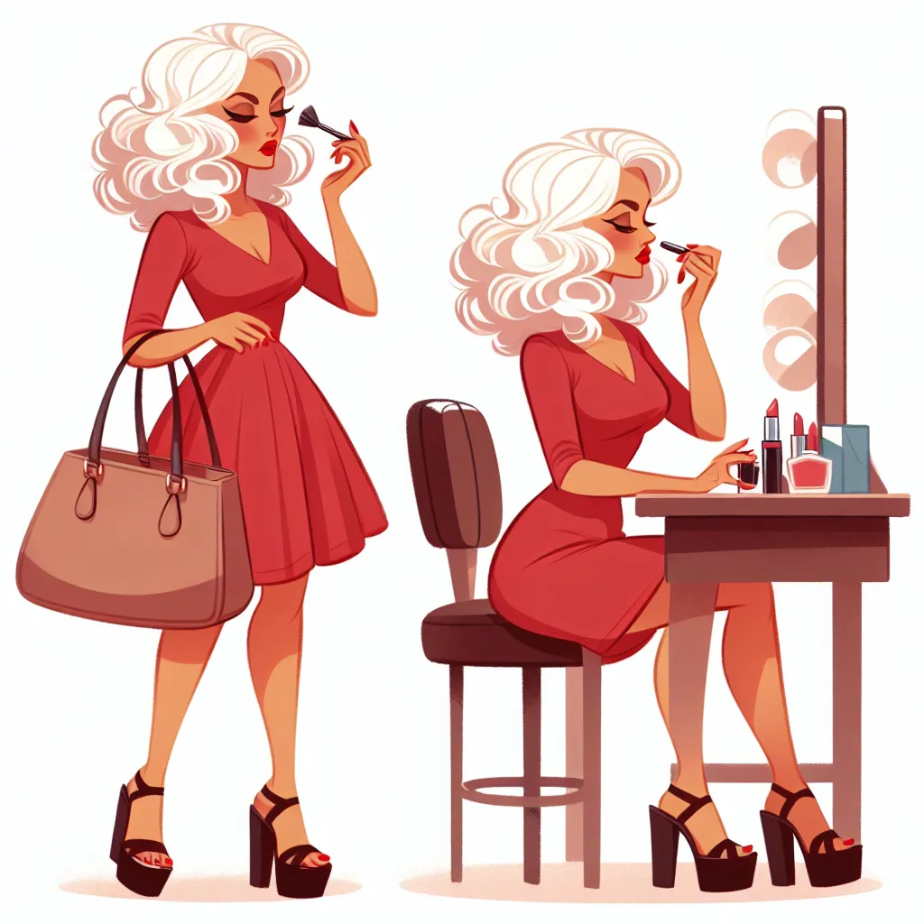 An image of a woman in her late 60s with platinum blonde curly hair, wearing a red dress and platform sandals, with a large designer handbag over her shoulder, is touching up her makeup and lipstick at a vanity while getting ready for a date night.