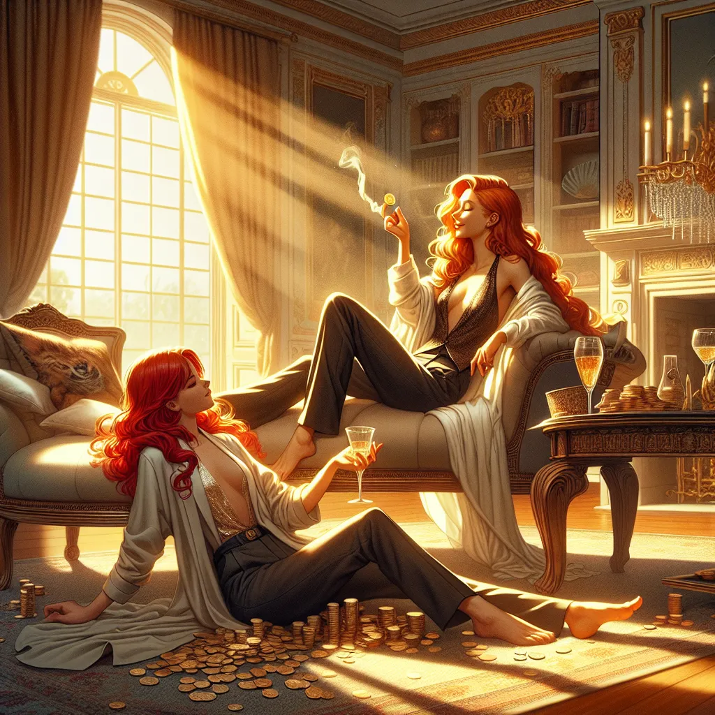 Description for the image:
Two friends, Jake and Cory, sit in a luxurious living room, reflecting on their incredible transformation from struggling individuals to wealthy and successful people. Jake, now Jessica, reclines elegantly on a lounge chair, her flowing red hair cascading over her shoulder, while Cory lounges back on a plush sofa. The sun filters in through the bay windows, casting a golden glow on the opulent surroundings. Cory holds up a coin, the catalyst for their newfound wealth, 