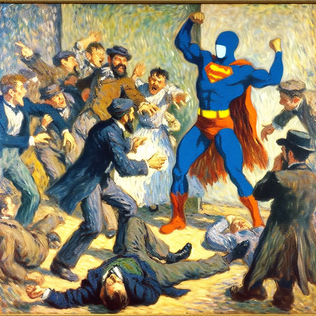 Adventure, Superhero, Body swap, Chaos, Villain in the style of Monet