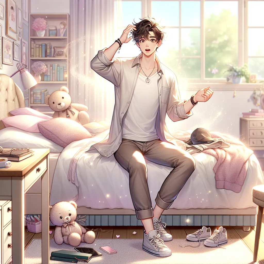 A young man wakes up in his twin sister's body, shocked to find himself in her room wearing her clothes, in "Mistaken Identities: Leo and Luna's Fortune Cup Awakening."