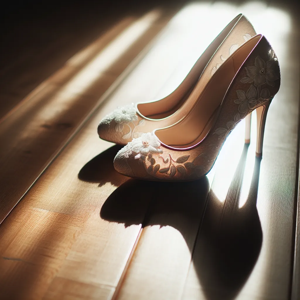 The generated image could depict a pair of elegant wedding heels on a wooden floor, with soft natural light illuminating the scene.