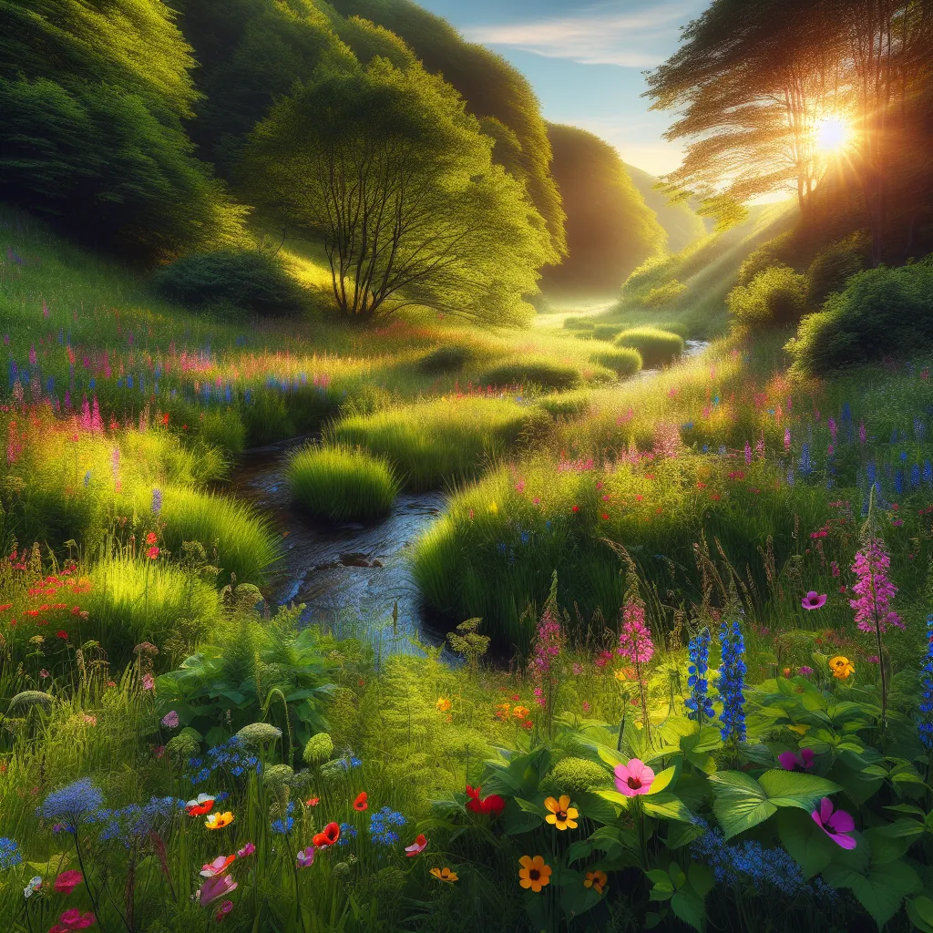 Sure! Here's an alternative prompt for the image description:

"Write a concise description for an image that captures the beauty and serenity of a sunlit meadow, filled with wildflowers of vibrant colors, and a stream gently flowing through it."