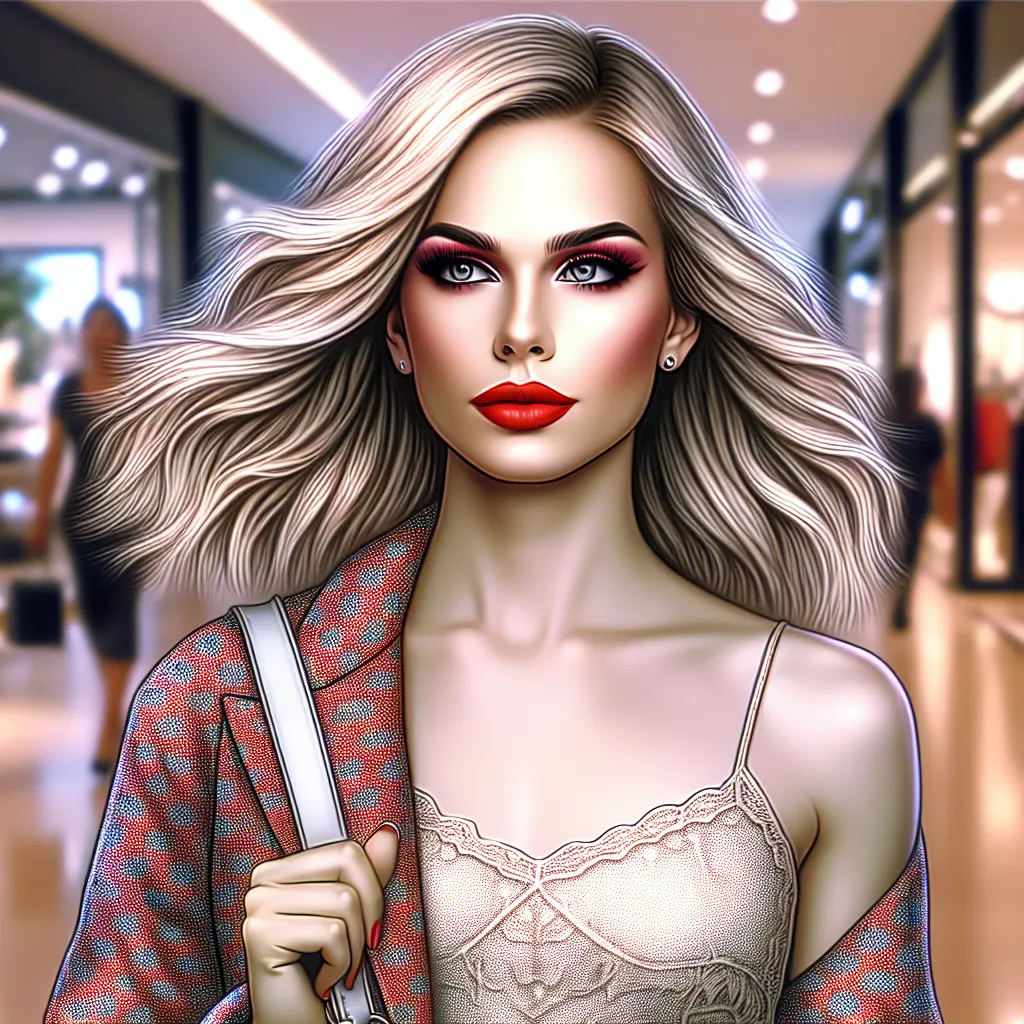 A digital drawing of a confident young woman named Kathleen, wearing a red lipstick and vibrant makeup. She is strutting confidently through a mall, decked out in stylish clothing, her blonde hair flowing and her heels clicking on the floor. She embraces her identity as a trans woman, radiating strength and self-acceptance.