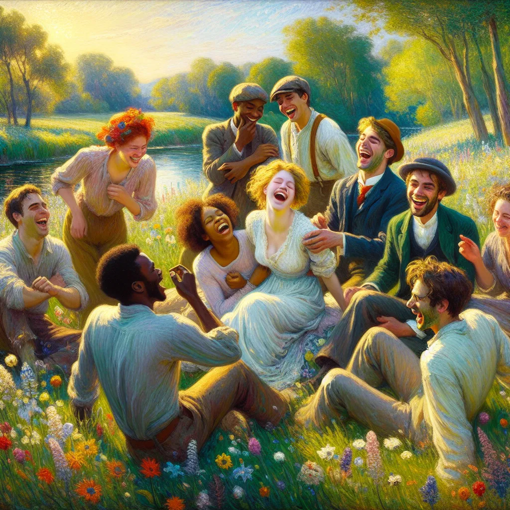 Laughter, Hypnosis, Friendship, Prank, Adventure in the style of Monet