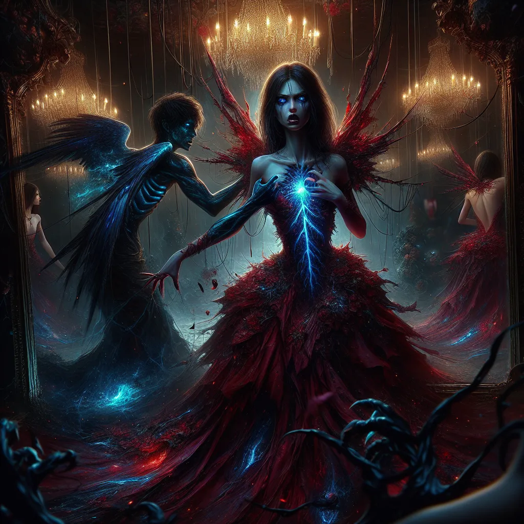 A haunting scene at an opulent gala under dim, shimmering lights: a woman in a sharp, torn red gown with an eerie pulsating blue star glowing visibly beneath her sternum, eyes wild with rage and anguish. Around her, twisted, blackened flora and warped mirrors crack the elegant setting, while a fallen, feathered angel with singed blue wings struggles to restrain her. The atmosphere is tense and supernatural, blending cosmic energy and raw human emotion in a surreal, dark horror tableau.