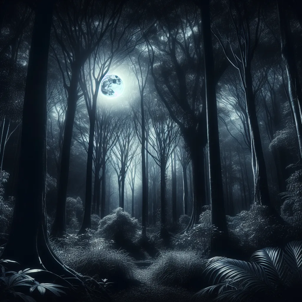 A captivating dark forest illuminated by a full moon, whispering mysteries and secrets.