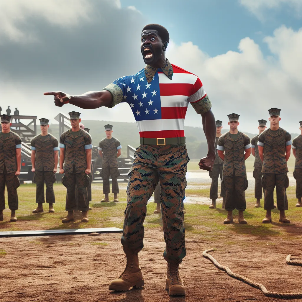 A Marine finds themselves in a hilariously unexpected situation when a bikini malfunctions and becomes a uniform. Now leading boot camp in a flag bikini, they navigate the challenges with humor and determination.