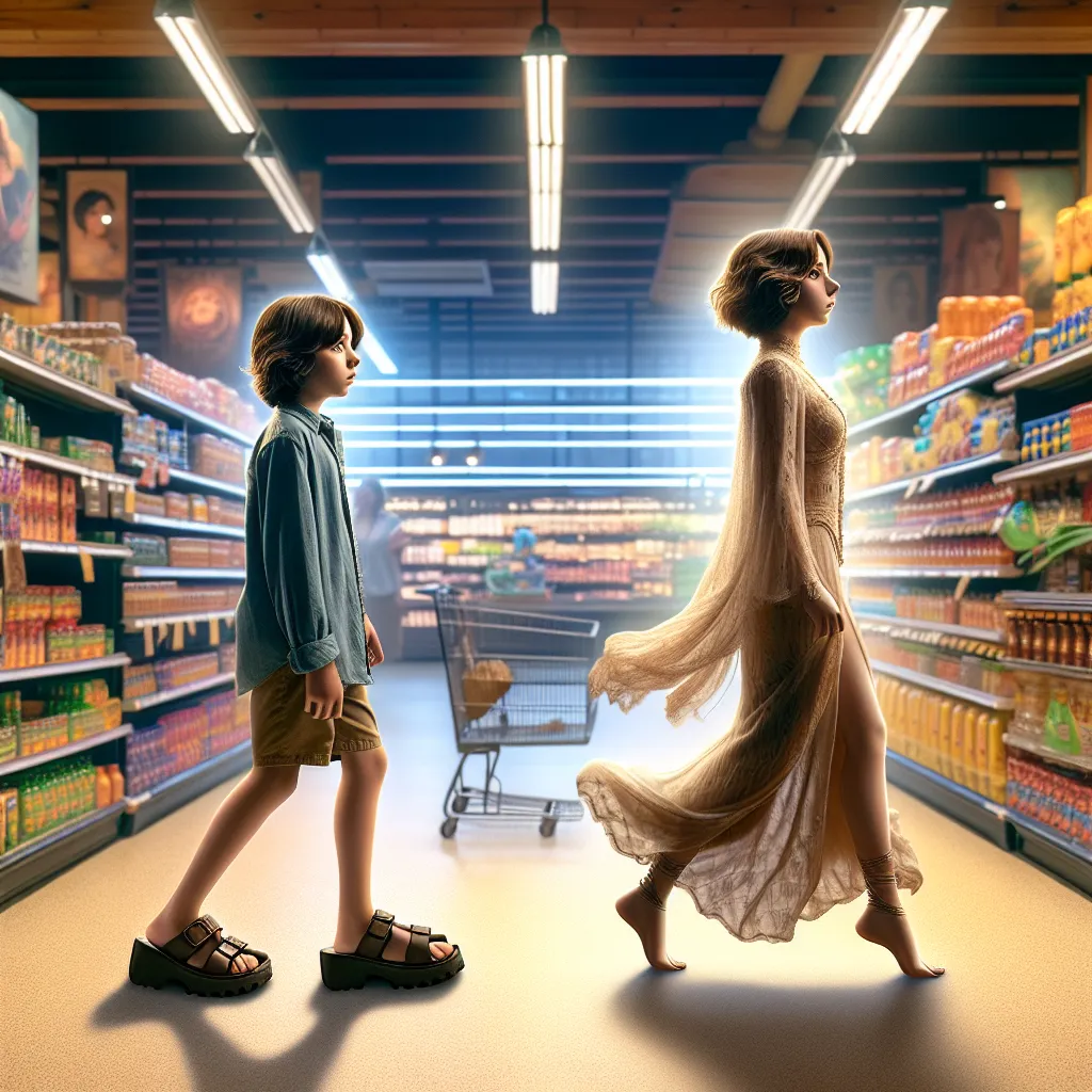 A transformational journey unfolds in a grocery store aisle as a young boy, Charlie, becomes the enigmatic woman, Aiko. The image captures Charlie’s astonishment and trepidation as he acclimates to his new form, his evolving appearance mirroring Aiko’s elegant silhouette, from dainty feet in oversized sandals to a woman’s poised stature. The scene is imbued with a sense of wonder and mystery, depicting the subtle nuances of Charlie’s physical metamorphosis and the emotional complexity accompanyi