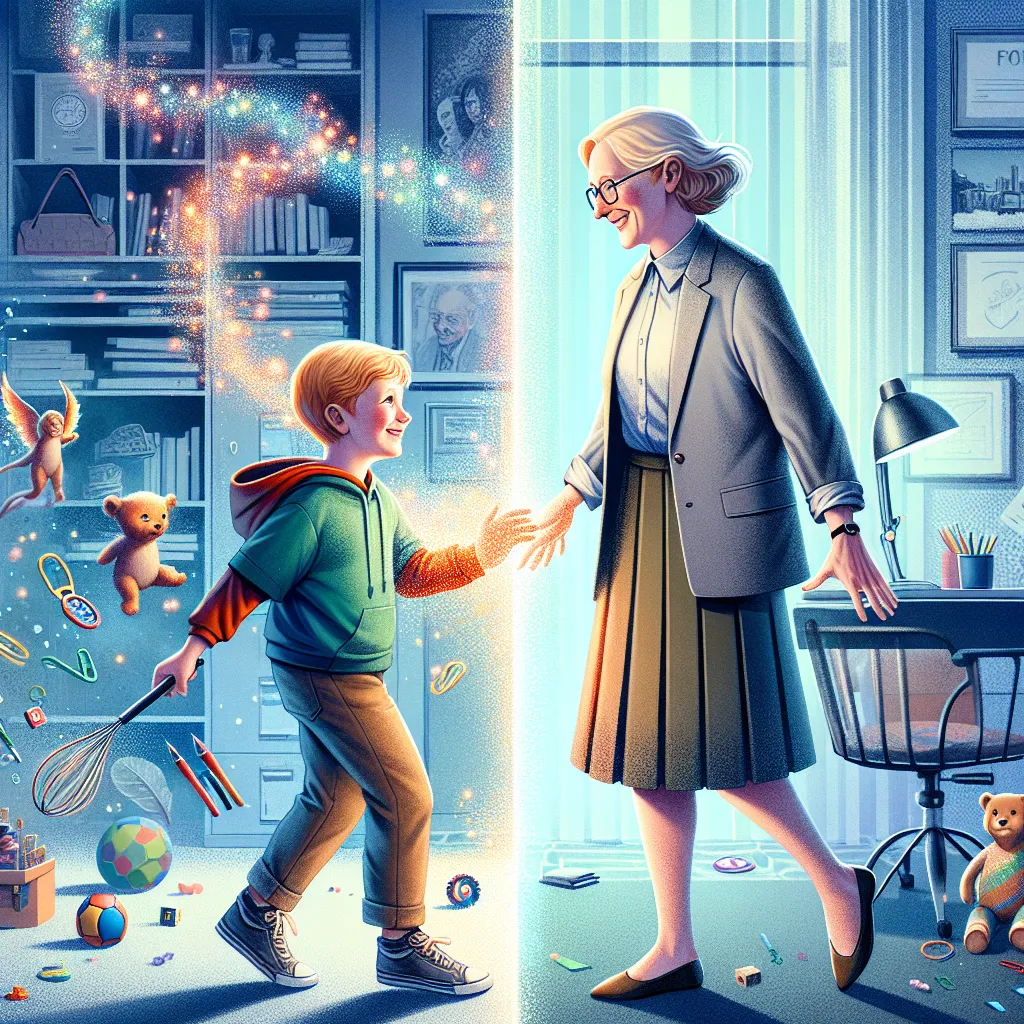 This story features a young boy named Oliver who magically switches bodies with a woman named Eleanor, navigating a new adult life filled with challenges and bittersweet memories.