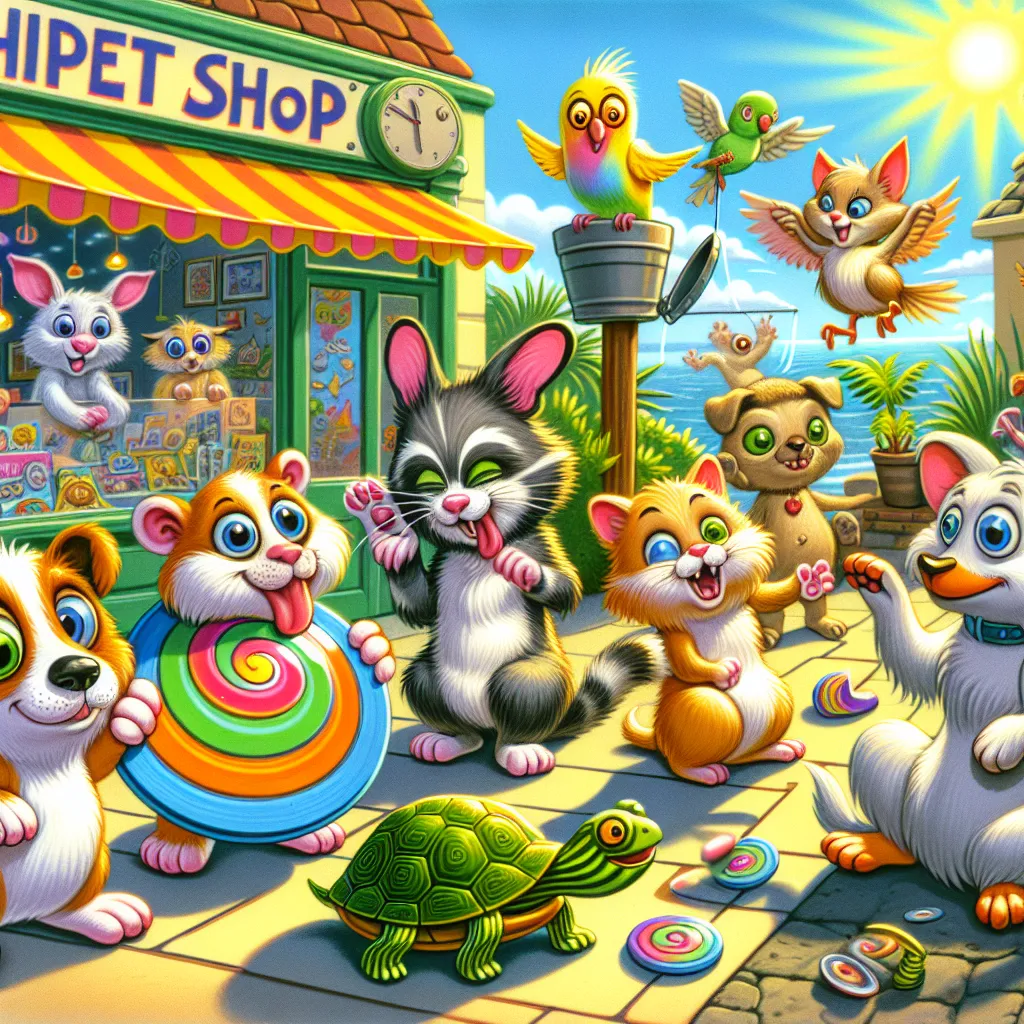 The image features a colorful cartoon illustration of anthropomorphic animals in various comical situations on a sunny street outside of the Littlest Pet Shop. The pets, including a hamster named Trip, a terrier named Roxie, a cat named Jade, a goat named Quincy, a parakeet named Edie, and a turtle named Bev, are shown engaging in playful antics like freezing in place, pretending to be different animals, and swapping personalities due to the effects of a HypnoStupendo disc. The scene captures th