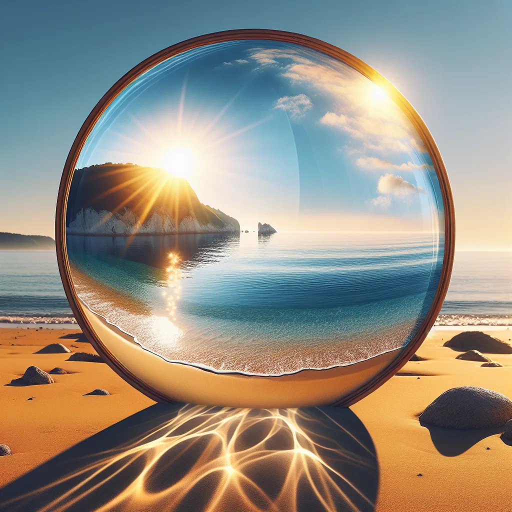 Image Description: The image depicts a deserted beach with golden sand and calm, clear blue waves. In the foreground, a mirror, small and intricately designed, reflects the scene with distortion. The surface of the mirror appears to be shimmering and emitting an eerie glow. The sky above is cloudless and the sun shines brightly, casting a warm golden light on the beach.
