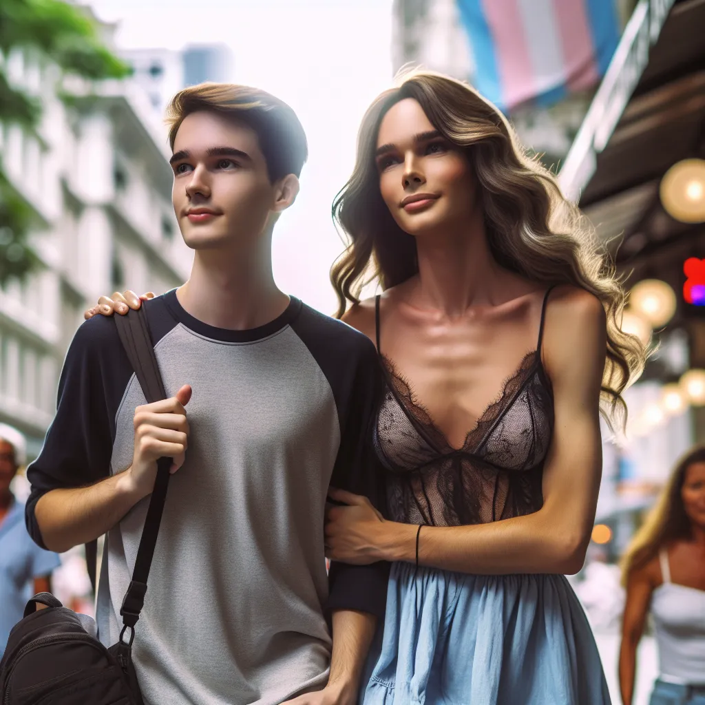 Description: A young man and a newly transformed woman walk side by side down a vibrant street. The woman, Jaquelyn, confidently embraces her femininity while the man, Max, looks both curious and supportive. The image captures the acceptance and friendship that remains strong amidst a gender wave that has transformed their lives.