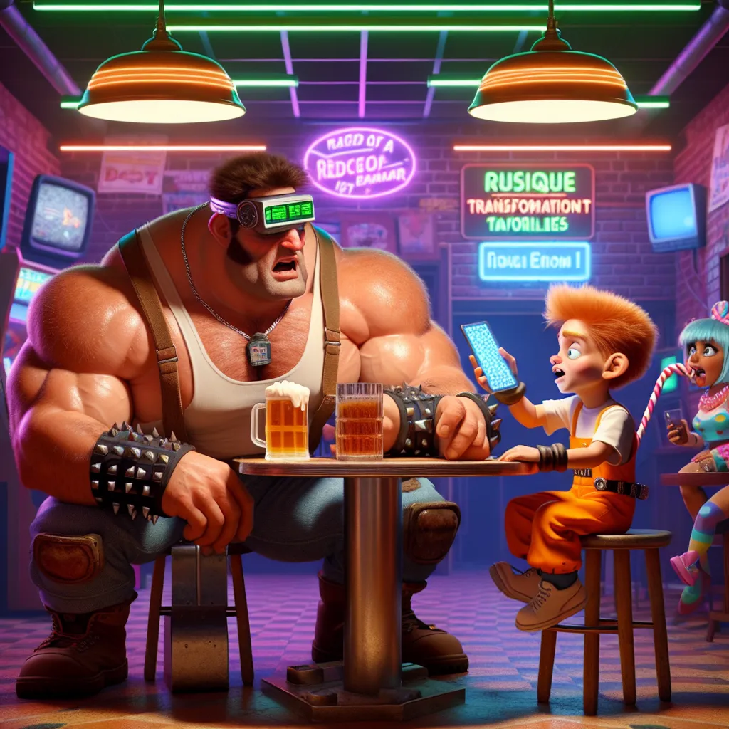 In this image, Wreck-It Ralph and Fix-It Felix sit at a pixelated table in Tapper's Tavern inside a neon-lit arcade after closing hours. Ralph is hunched over a digital display, while Felix sips on a pixilated root beer. They engage in a lively conversation, discussing everything from transformation fetish stories to video game disappointments and the ever-evolving landscape of technology. Vannellope von Schweetz enters the scene, holding up a futuristic smartphone from 2024, and the trio examin