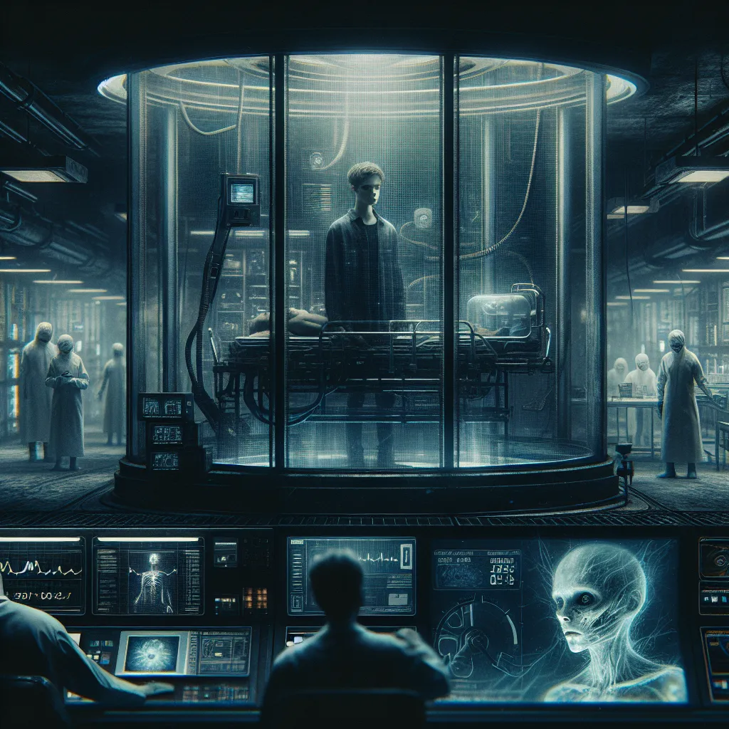 The image accompanying this story could be a depiction of Kamijou Touma, trapped in a glass chamber within the underground laboratory. The image should capture the eerie atmosphere with dim lighting, showing Touma surrounded by strange devices and screens displaying vital statistics. The sinister figures in sterile masks should be present, working with precision in the background. Additionally, the lifeless black form in the other chamber, pulsing with ominous energy, should be visible. The imag