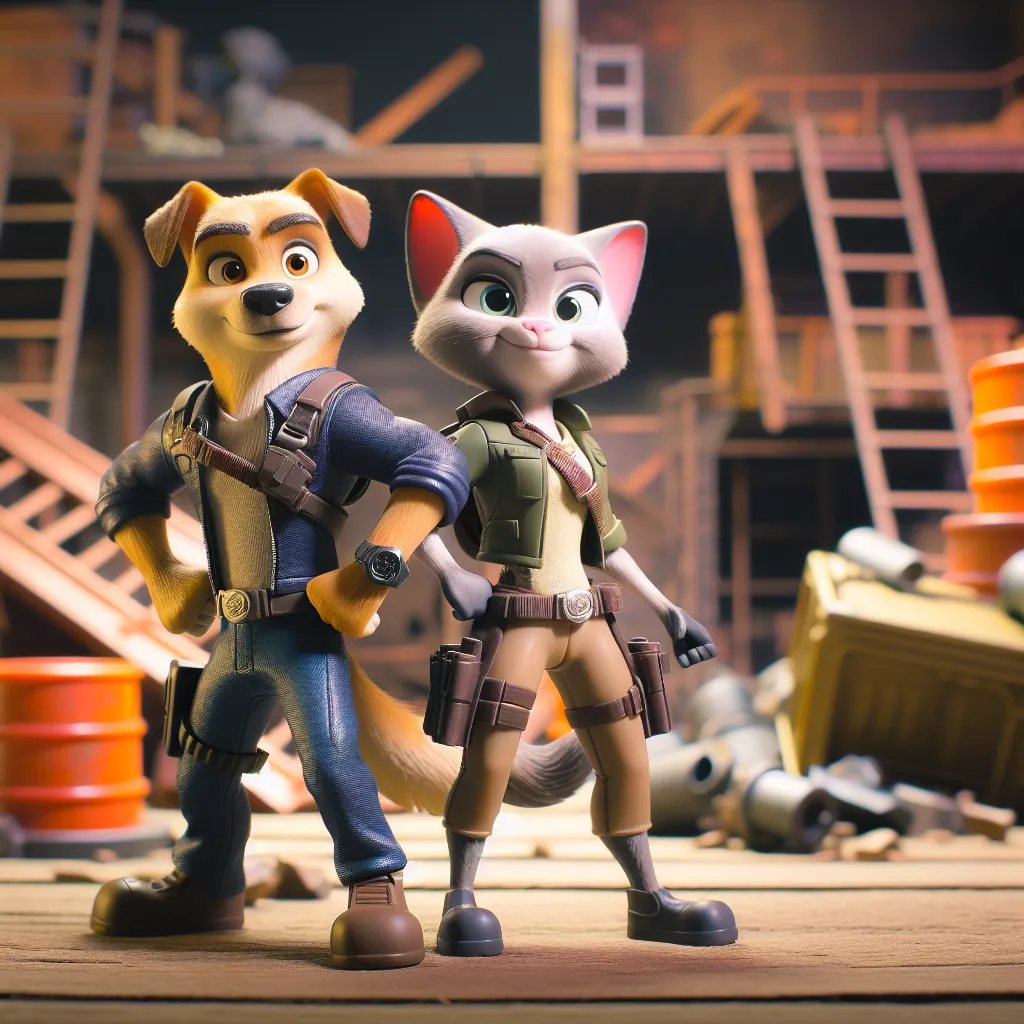 Agent Dudley Puppy and his partner, Kitty Katswell, stand heroically side by side in front of a crumbling toy factory. They have just completed a daring rescue mission, saving Kitty from the clutches of the evil Snaptrap. Dudley is a determined and courageous canine, while Kitty is a skilled and confident feline agent. The image captures the bond between the two agents as they celebrate their success, knowing that they can always rely on each other, even in the most bizarre of situations.