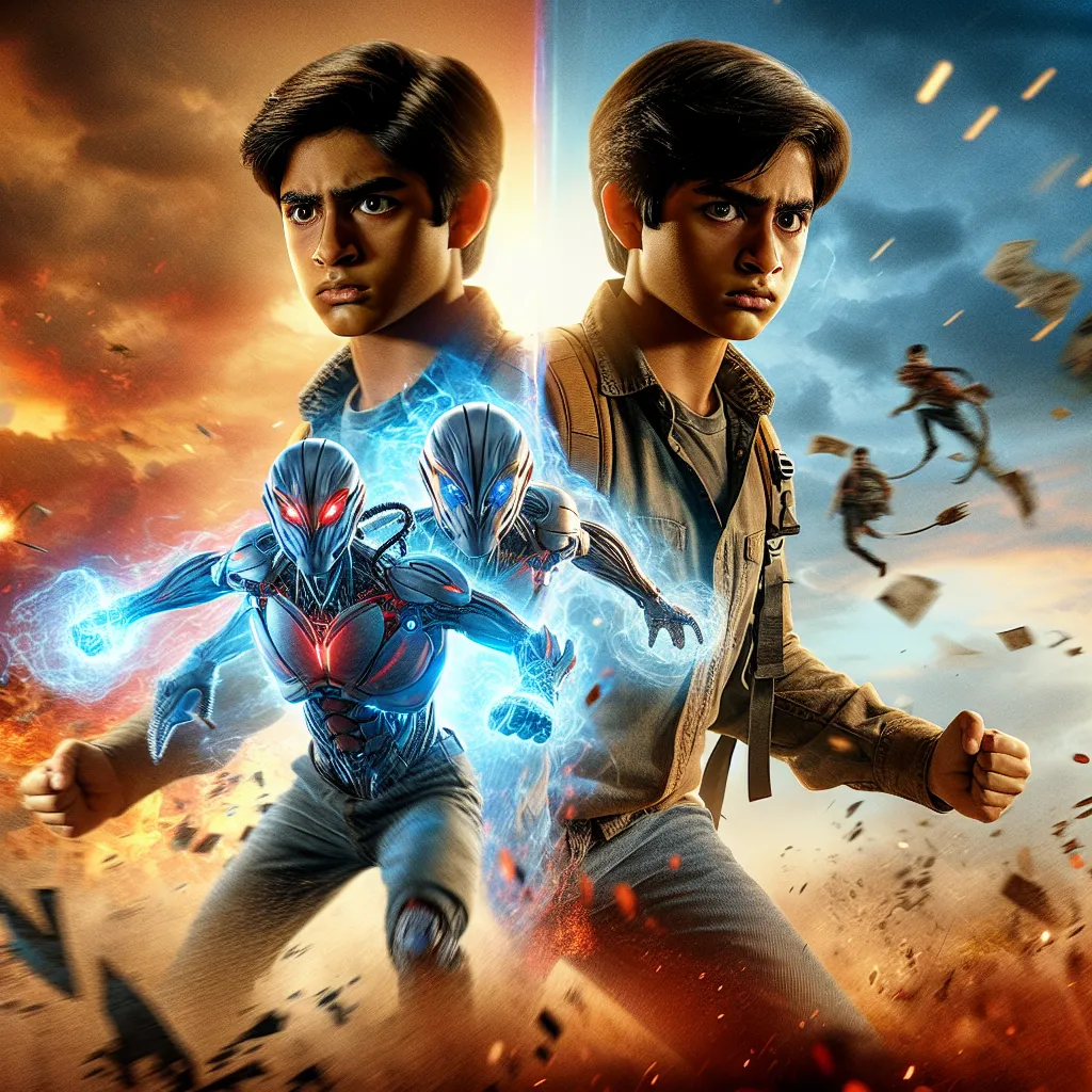 A teenage boy and his younger self stand side by side, prepared for battle. Explosions and chaos surround them as they confront an enemy from the past. Their determination is evident as they activate their Omnitrixes, transforming into powerful aliens and engaging in an intense fight. With synchronized teamwork and unwavering bravery, they emerge victorious. The image captures the dynamic and heroic nature of these two versions of the protagonist, ready to face any challenge that comes their way