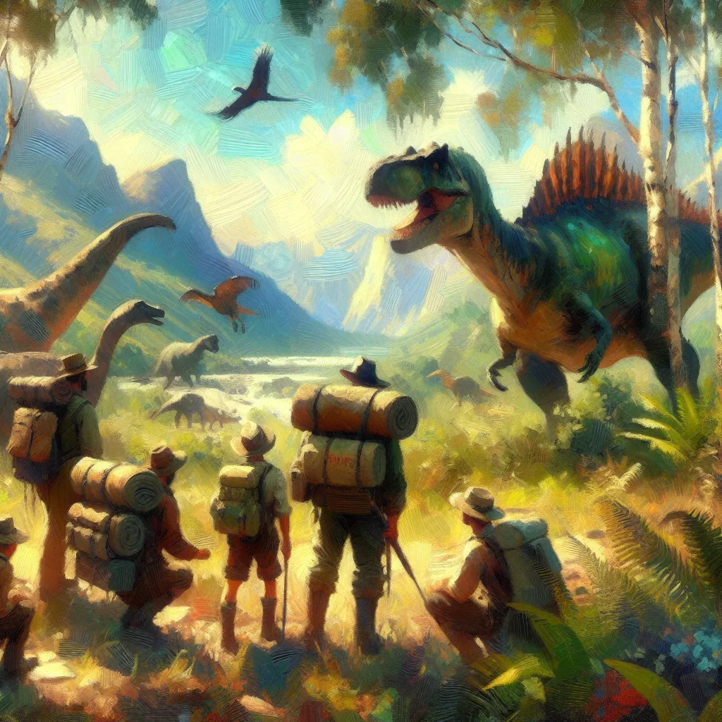 Adventure, Dinosaurs, Expedition, Survival, Friendship in the style of Monet