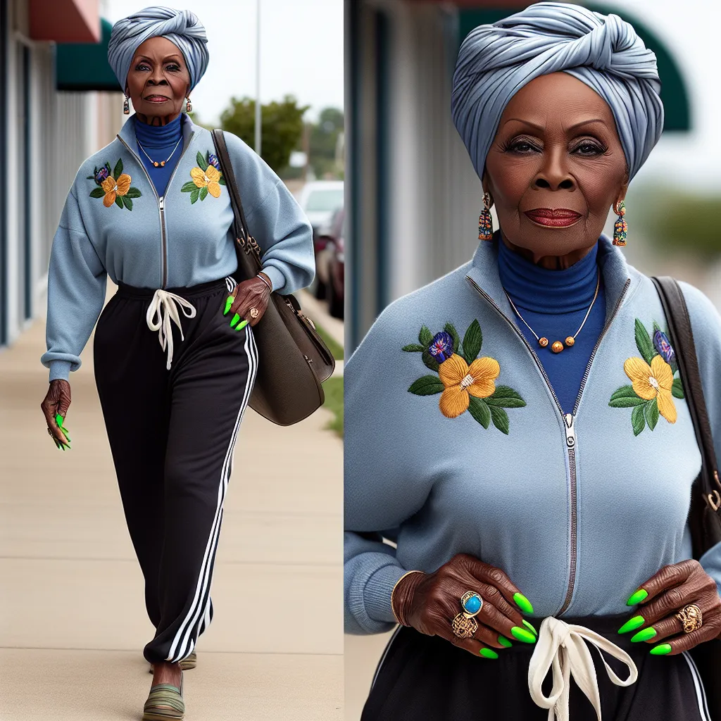 A vibrant image of Vanessa, a confident and formidable 65-year-old woman with chocolate brown skin and a fierce attitude. She wears a headwrap, a stylish blue sweatshirt with embroidered flowers, and black sweatpants with a stripe design. Her nails are brightly painted green. She carries a purse on her shoulder and grips a bag of groceries, showcasing her no-nonsense persona as she strides through her community in Jackson, Mississippi.