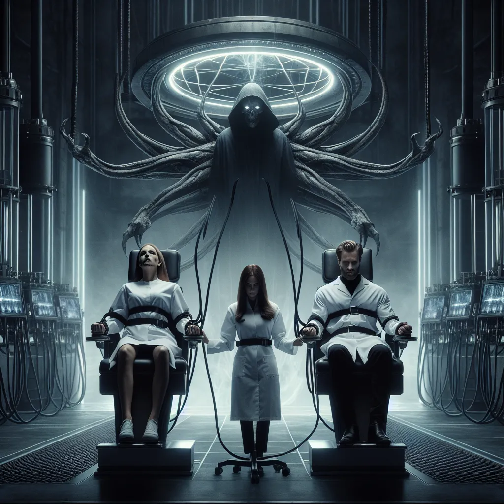 The image accompanying this story will depict a dramatic and intense scene from "The Forced Exchange: The Tale of Two Souls." It will show two individuals, Francesca Lucchini and Trevor Maloney, strapped to medical chairs in a dark and ominous research facility. The machine, known as the Soul Exchanger, looms behind them, representing the forbidden technology that will facilitate the body swap. The atmosphere should convey a sense of tension and the impending consequences of this forced exchange