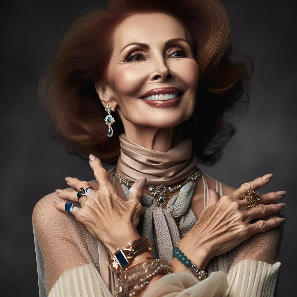 A portrait of Victoria, a confident and elegant woman in her 70s, who radiates joy and resilience. She proudly embraces her transformation and newfound identity, living each day in celebration and love. Her regal appearance is complemented by an impeccably styled auburn hairstyle, a fashionable outfit, and a collection of tasteful jewelry. The image captures Victoria's spirit, capturing her strength and grace in the face of life's challenges, as well as her desire to inspire others through her p