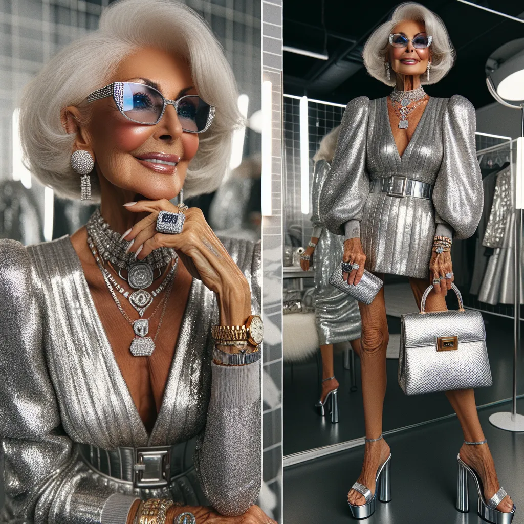 Description: The image depicts a stylish and elegant 75-year-old woman named Laura, dressed in a metallic silver dress and wearing metallic silver platform sandals. She is accessorized with a diamond-studded necklace, a golden watch, a platinum bracelet, and other expensive jewelry. She confidently carries a metallic silver purse and wears sunglasses with rhinestones. Laura stands in front of a mirror, looking down at her outfit with a smile, ready to meet someone.