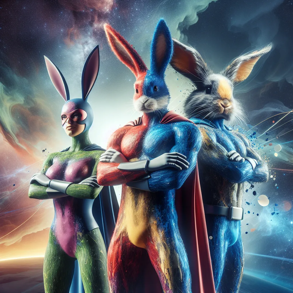 An image of Millie, Flopsy (the bunny), and Raven, all fused together, powers combining, wearing colorful superhero outfits, ready for action and adventure. They stand against a vibrant, otherworldly backdrop, showcasing their dynamic and unique personalities.